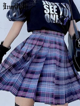 InsGoth Harajuku JK Fuste Mini Gotice Punk Talie Mare Carouri Violet Plisate Fuste Sexy Japoneză Hipsters JK Fusta de Vara