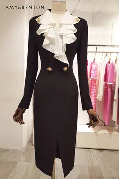 La modă de Înaltă Calitate Ciufulit Guler Slim-Fit Slabire Rochie pentru Femei Toamna Iarna Nou Temperament Split Rochie Formale