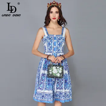 LD LINDA DELLA Noua Pistă de Moda Rochie de Vara Femei Spaghete Curea Albastru și alb Florale Imprimate Rochie Casual vestidos