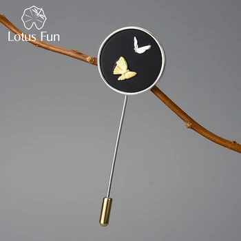 Lotus Distractiv Rotund Naturale Agat Negru de Piatră Zboară Fluture Drăguț Broșe Pin pentru Femei Reale Argint 925 Bijuterii Fine