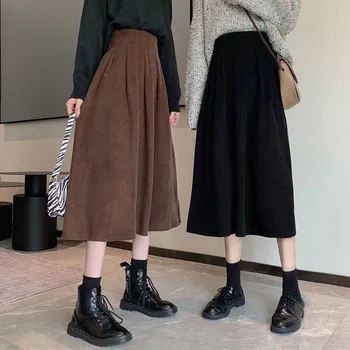 Lucyever Femei pantaloni de Catifea cord Fuste Midi Vintage Maro Negru Talie Mare Fuste Lungi de sex Feminin 2022 Toamna Moda coreeană Fusta a-Line