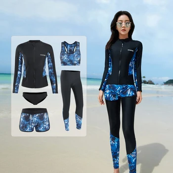 Maneca Lunga Tricou Femei De Imprimare 5 Piese Sport Costume De Baie Cu Fermoar Costume De Baie Surf Pad Pantaloni Lungi Cupluri Barbati 3 Piese