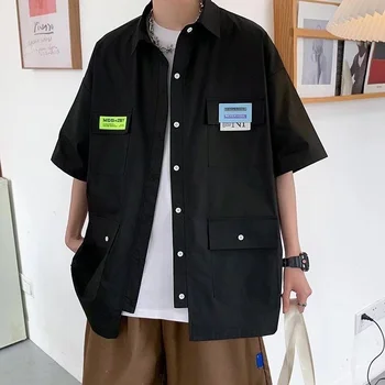 Men ' s Cămașă de Vară cu Mânecă Scurtă Cardigan de sex Masculin coreean de Buzunar Multi-Brand de Moda Jumătate cu Mâneci Tricou Casual Munca Haina