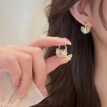 MENGJIQIAO coreean Elegant Drăguț Shell Flori Hoop Cercei Pentru Femei Fete Delicate Zircon Mingea Boucle D'oreille Cadouri Bijuterii