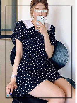 Mini Drăguț Rochii De Moda Pentru Femei Stil Japonez De Design, Fete Dulci Data De Uzură Stil Preppy Sifon Negru Polka Dot Rochie Chic 2410