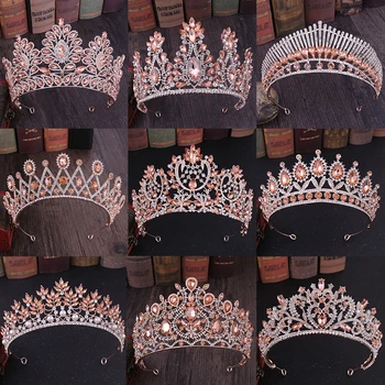 Moda Aur A Crescut Culoarea Piersicii Cristal Stras Accesorii De Par De Nunta Regina Printesa Diademele Femei Tiara Coroana Capului Bijuterii
