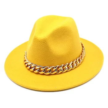 Multicolor Fedora Hat pentru Femei Barbati Simțit Margine Largă Pălărie de Epocă Jazz Fedora Pălărie Cuplu Capac mari lanțuri de margine Largă