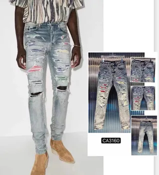 Noi AM Blugi Barbati sex Masculin Rupt Patch Star Plasture de Spălat Încrețită Europene și Americane Tendință Casual Slim Jeans pentru Bărbați Și Femei