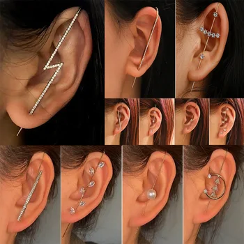 Noi Ureche de Ac Folie pe Șenile Cârlig Cercei pentru Femeile Înconjoară Urechii Diagonală Stud Cupru Încrustat Zircon Cercei Piercing /1 buc