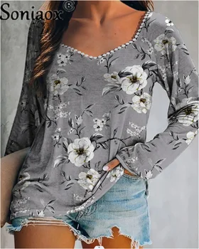 Noua Toamna Iarna 2022 Femei Dantelă Elegant Florale Imprimate Casual Tricouri Tricou Doamnelor V Gât Vrac Maneca Lunga Moda T-Shirt de Sus