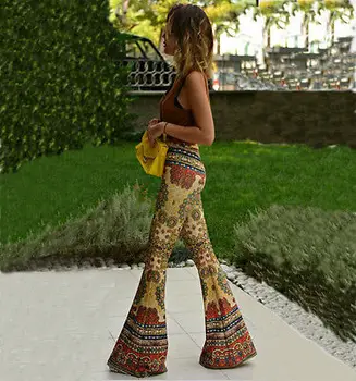 NOUĂ Femei de Moda Flare Print Pantaloni Floral Retro Boho Pantaloni Stretch Talie Mare Pantaloni