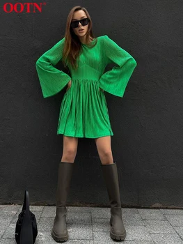 OOTN Elegant, Verde Rochie Plisată Flare Sleeve O-Gât Primăvară Rochie Mini Fit Flare Talie Mare cu Fermoar Subțire de Anul Nou Rochie Lady 2022