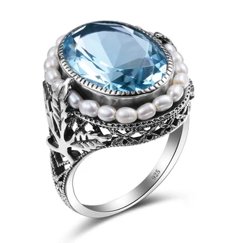 Real Perle Naturale Argint 925 Inele Femmes Topaz Albastru Acvamarin Mare Piatră Prețioasă Femeie Inele De Nunta Bijuterii Fine