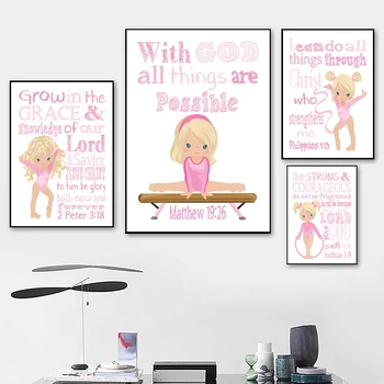 Roz Gimnastica Creștin Pepinieră Neînrămate Printuri si Postere Versete din Biblie Blonda Gimnasta fetițe Cameră Decor Panza Pictura