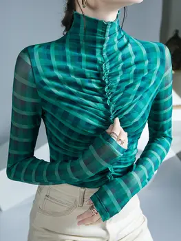 S-2XL Fete Mozaic Carouri Plasă Tricouri Tricouri Femei Maneca Lunga Jumătate Guler Subțire Trunchiate Tricou Femei Toamna Top
