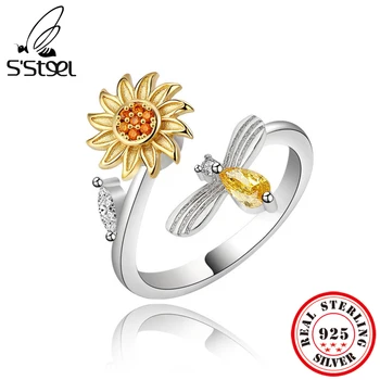 S ' STEEL Argint 925 Floarea-soarelui Rotative Inele Pentru Femei Diamond Anxietate Frământa Inel Reglabil de Lux, Bijuterii de Designer