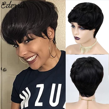 Scurt Peruci Par Uman Pixie Cut Direct Părului Brazilian pentru Femei Negru Masina de Facut Evidenția Culoare Ieftine Glueless Peruca