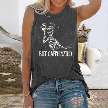 Seeyoushy Dar Cafeina Craniu De Imprimare De Epocă Femei T Shirt Fără Mâneci Vară Graphic Tee Tricou Amuzant Schelet Topuri Femeile 2022
