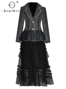 SEQINYY Costum Elegant de Primavara Toamna anului Nou Design de Moda Femei Pista ștrasuri din Mărgele Sacou Scurt Tesut + Volane a-Line Fusta Neagra