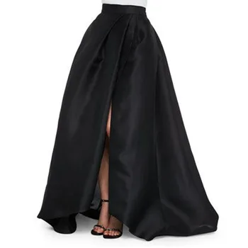 Sexy Satin Negru Fuste Lungi Design Nou Side Split Chic Fermoar Invizibil Etaj Lungime Fuste Pentru Femei De Moda Maxi Saia
