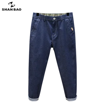 SHAN BAO 4XL 5XL 6XL 7XL Plus Dimensiune Bărbați Ușor, Blugi de culoare Albastru Închis Primavara-Vara Marca Talie Elastic Liber Trunchiate Pantaloni