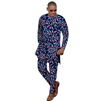 Slim Fit Topuri Cu Pantaloni pentru Bărbați de Imprimare Nigeria Stil Mâneci Lungi de sex Masculin Mire Costum Personalizat din Africa de Mireasa Tinute de Petrecere