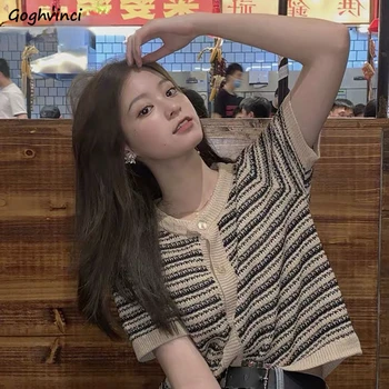 T-shirt Femei de Vara cu Dungi Art Tricotate Singur Pieptul Epocă Jumper Topuri de Agrement Elegant Stil coreean Liber Feminin Chic