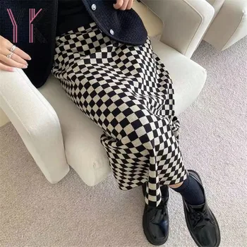 Tablă De Șah Carouri Spate Fantă De Tricotat Fuste Midi Coreean Elegant Harajuku Epocă Fuste De Toamna Iarna Cald Franceză Drept Saia