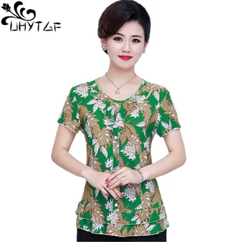UHYTGF T-shirt pentru femei maneci scurte tipărite mama elegant de vara tricou femei casual subțire de sus 5XL dimensiuni Mari tricou femei 1526