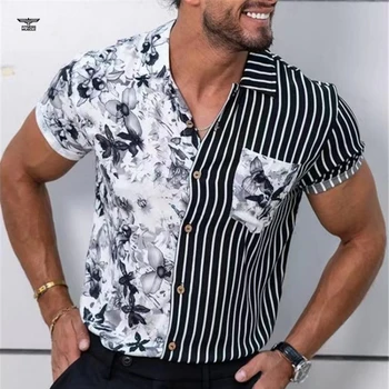 Vară nouă tendință barbati dungi de imprimare împletit casual cămașă cu mânecă scurtă călătorie de vacanță pe plajă men ' s cămașă de sus