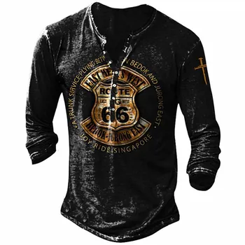 Vintage Barbati din Bumbac tricouri Imprimate 3D 66 Route Topuri cu Maneci Lungi Gotic Henley Shirt Pentru Bărbați Haine Supradimensionate Punk Streetwear