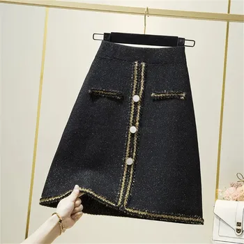 Vintage Elegant Tweed Tricotat Fuste Scurte Pentru Femei Talie Mare Creion Fusta Midi Coreean Toamna Iarna Cald-Linie Warp Hip Fuste