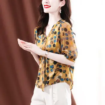 Vintage Imprimate cu Buline V-Gât Lace Up Arc Supradimensionat Șifon Bluza Casual, Pulovere Elegante de Îmbrăcăminte pentru Femei Naveta Tricou