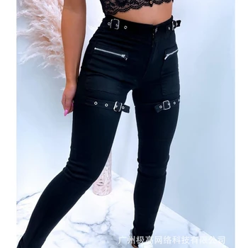 Wepbel Stilul Punk Pantaloni Negri Pantaloni Casual Pentru Femei Talie Mare Slim-Fit Pantaloni Cu Fermoar Culoare Solidă Neagră Slab Creion Pantaloni