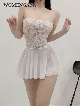WOMENGAGA Plasă de Dantelă Transparentă Elegant Slash Gât fără Bretele Strânse Rezervor de Mini Rochie Sexy Fierbinte coreean Dulce Fată Zână de Vară 6AOE