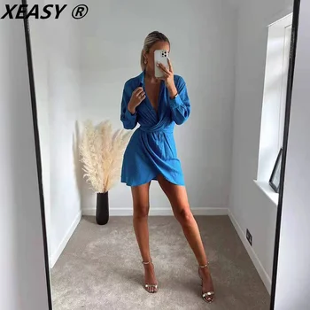 XEASY Rochii Elegante Pentru Femei 2021 Albastru cu Maneci Lungi Rochie de Epocă de sex Feminin Casual Eșarfe Cămașă Rochie de Moda Regulate Rochie Mini