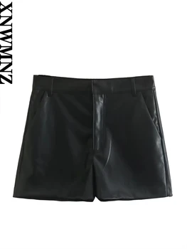 XNWMNZ 2022 Femei de Moda de Talie Mare Negru Faux din Piele PU pantaloni Scurți Femeie High Street Buzunar Lateral cu Fermoar Feminin Chic pantaloni Scurți