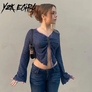 Y2K EGIRL Fairycore Y2K Streetwear V-neck Flare Sleeve T-shirt de Epocă E-fata Sexy Butonul de Sus Tăia Crop Top Gol Afară de Green Tee
