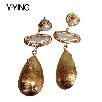 Y·YING naturale de Cultură Albe Biwa Pearl Lacrimă Periat Șirag de mărgele Placate cu Aur Cz Pave Stud Cercei