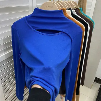 ZCSMLL Albastru Scobite Piept Jumătate de Înaltă Gât Maneca Lunga T-shirt pentru Femei Toamna și Iarna Noi Interior de Jos Cămașa de Sus