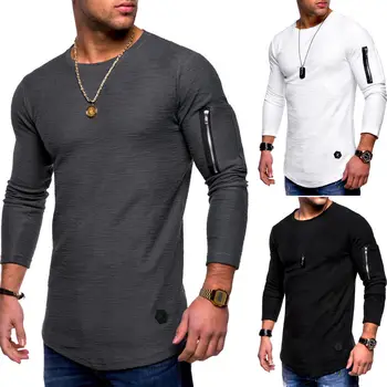 ZOGAA Vânzare Fierbinte Barbati Culoare Solidă Gât Rotund cu mâneci Lungi T-shirt Braț cu Fermoar Cusaturi Stil de Personalitate Lungă T-shirt