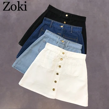 Zoki Femei Vintage Denim Fusta Mini de Vară de Înaltă Talie O-linie coreean Singur Buton de sex Feminin Blugi Harajuku Bumbac Street Wear 2020