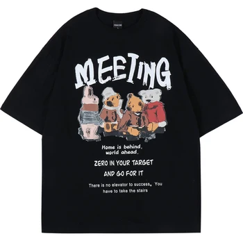 Harajuku T-shirt pentru Bărbați Hip Hop Streetwear Ursul Desene animate Imprimate Tricou de Bumbac Casual cu Maneci Scurte Tee y2k Haine Topuri Negre