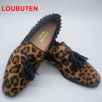 LOUBUTEN Leopard de Imprimare de păr de Cal din Piele Mens Pantofi Rochie de Moda Pantofi de lux Mozaic Piroane Mocasini Pentru Barbati